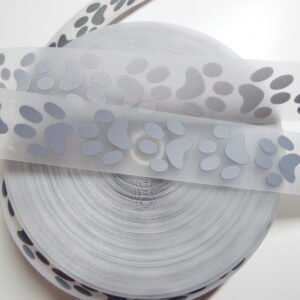 Silver Reflective Paw Print Iron-On Tape 25mm – 1 Metre Safety Trim for Pet Clothing, Harnesses & Accessories